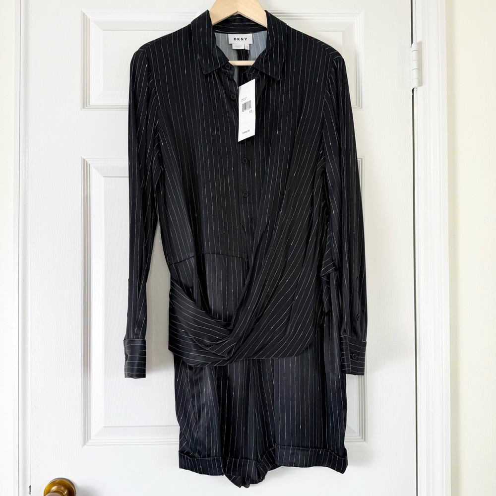 Satin Black Pinstripe Long Sleeve Dressy Short Romper Jumper Size 12
